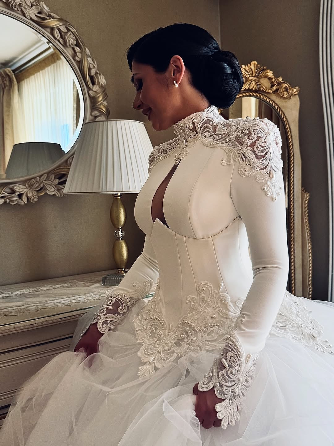 High Neck Lace Long Sleeve Ball Gown Wedding Dress