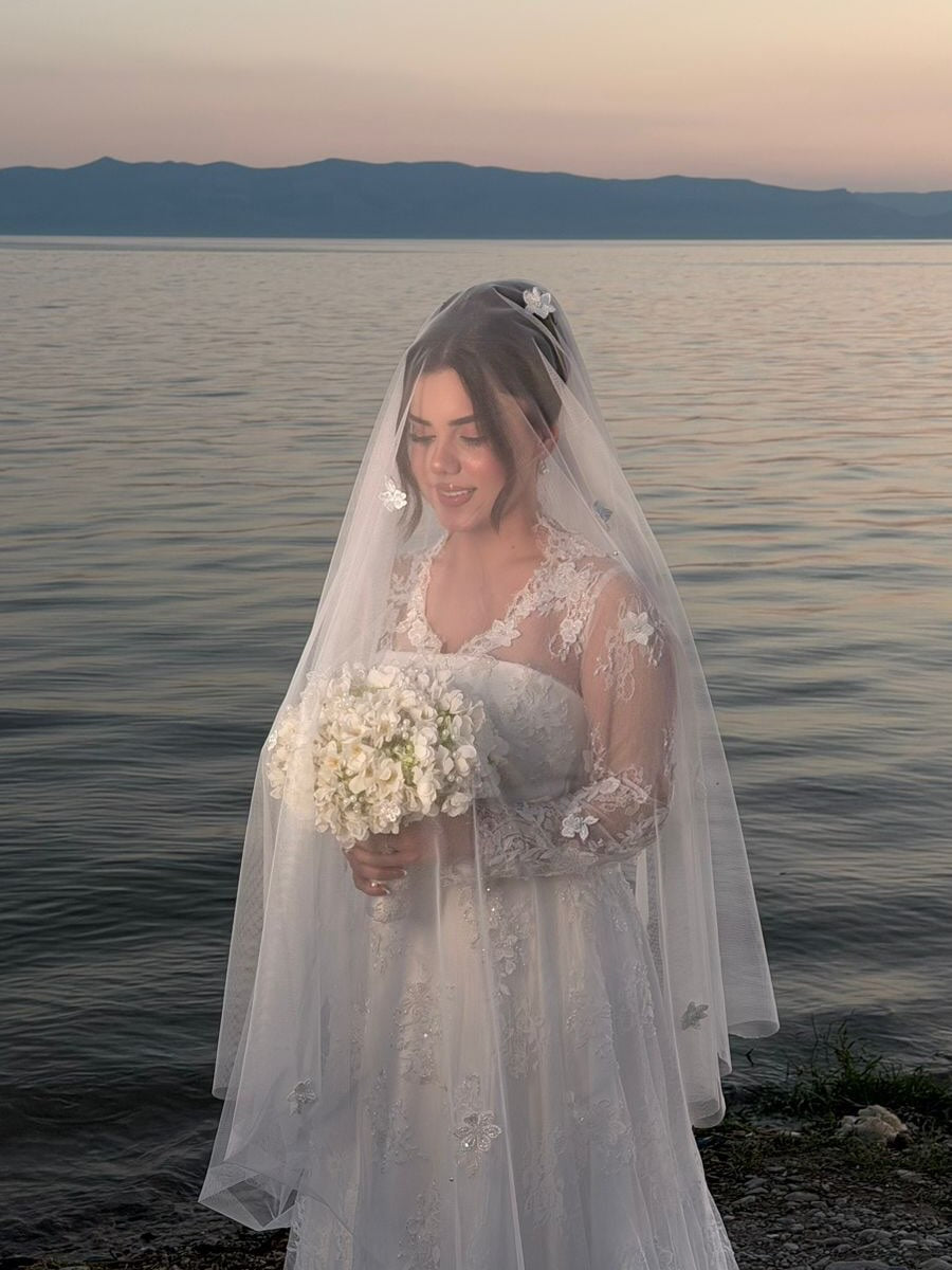 A-Line Illusion High Neck Lace Wedding Dress with Train