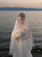 A-Line Illusion High Neck Lace Wedding Dress with Train