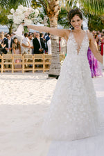 3D Floral Applique Plunging V-Neck Wedding Dress