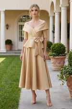 Off-the-Shoulder Peplum Midi Dress with Bow