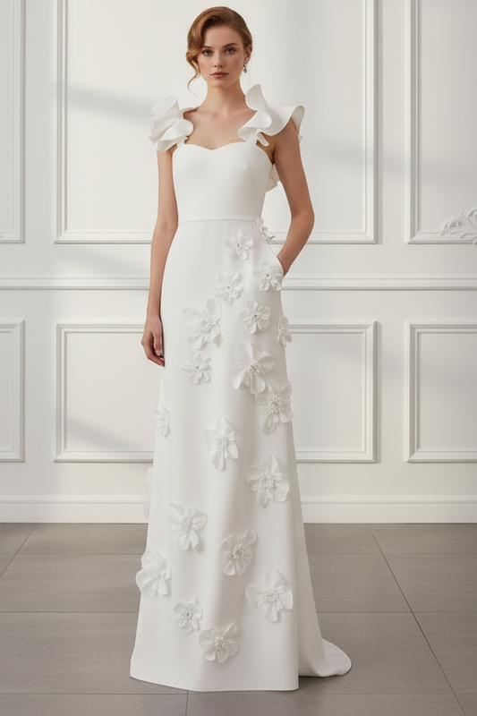 Romantic 3D Floral Sweetheart Column Gown with Ruffled Straps
