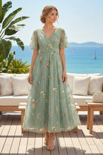 Embroidered Tulle V-Neck Midi Dress with Flutter Sleeves