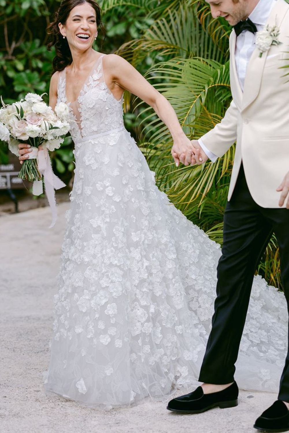 3D Floral Applique Plunging V-Neck Wedding Dress