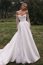 Lace-Sleeve Ball Gown with Overskirt & Slit