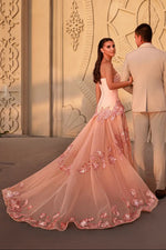 Strapless Floral Applique Evening Gown with Train