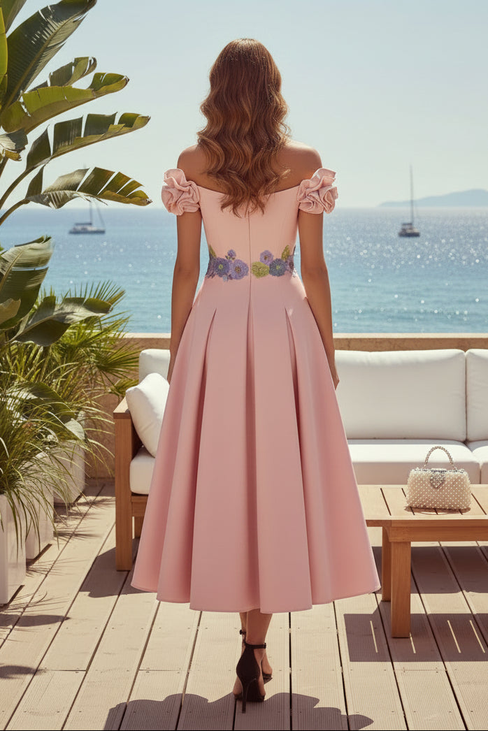 Off-Shoulder Floral Embroidered Tea-Length Dress with Cape