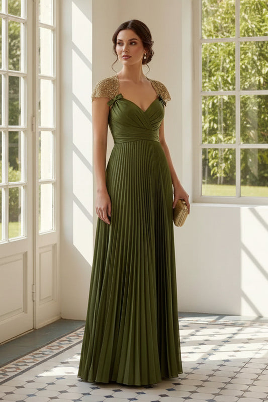 Pleated A-Line Evening Gown with Lace Cap Sleeves