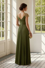 Pleated A-Line Evening Gown with Lace Cap Sleeves