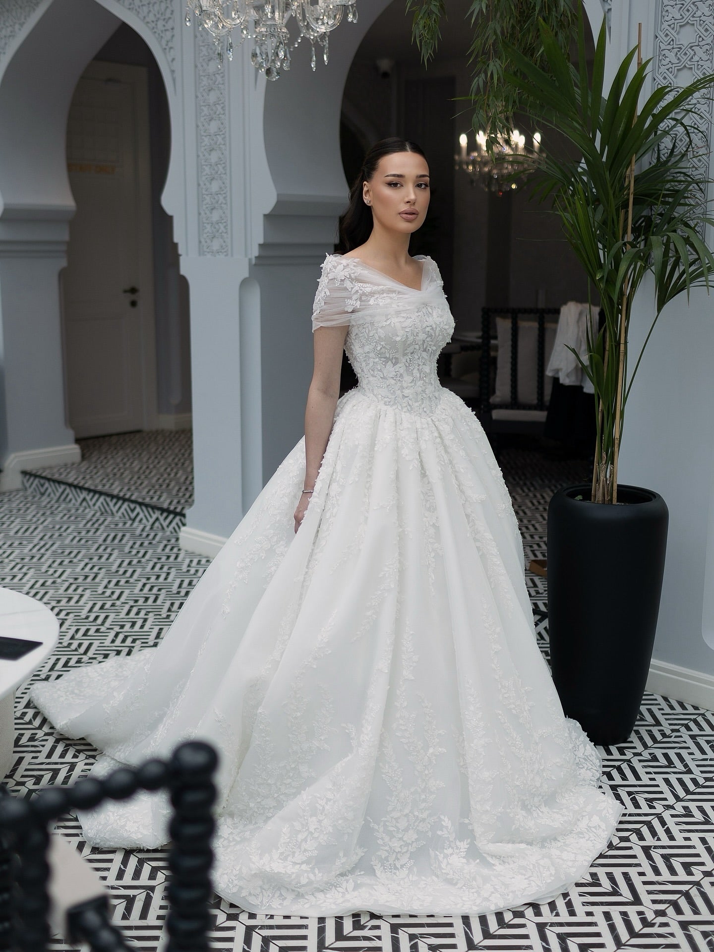 Off-The-Shoulder Lace Ball Gown Wedding Dress