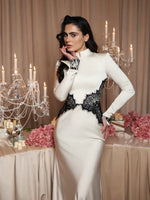 Satin High Neck Evening Gown with Lace Details
