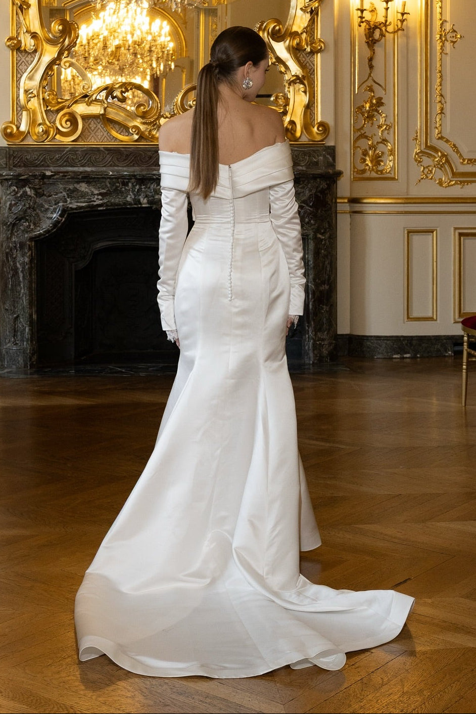 Off-the-Shoulder Long Sleeve Satin Mermaid Gown