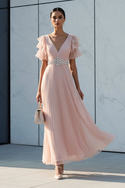 Pleated V-Neck Ruffle Sleeve Evening Dress