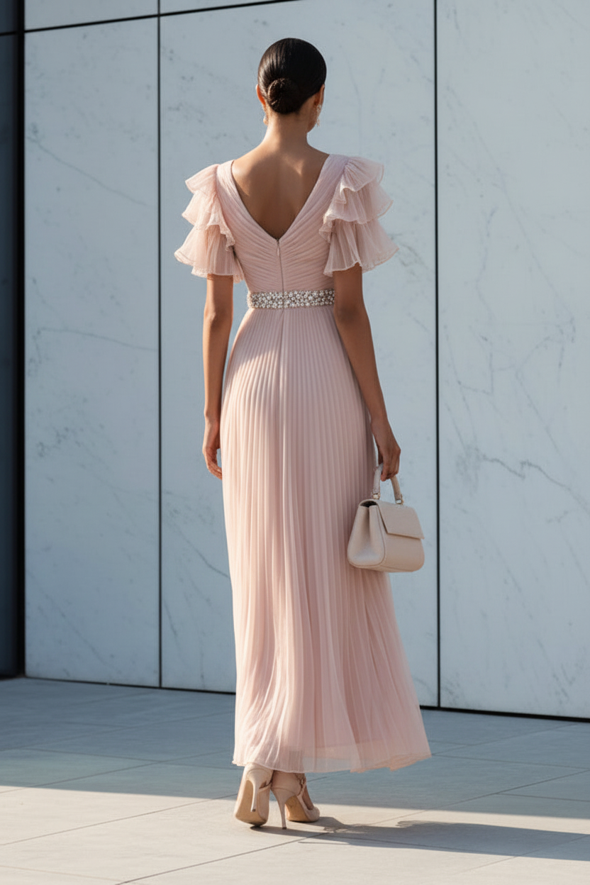Pleated V-Neck Ruffle Sleeve Evening Dress