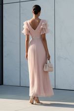 Pleated V-Neck Ruffle Sleeve Evening Dress