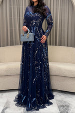 Sequined Long Sleeve A-Line Evening Gown