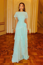 Tiered Chiffon Gown with Cape Sleeves