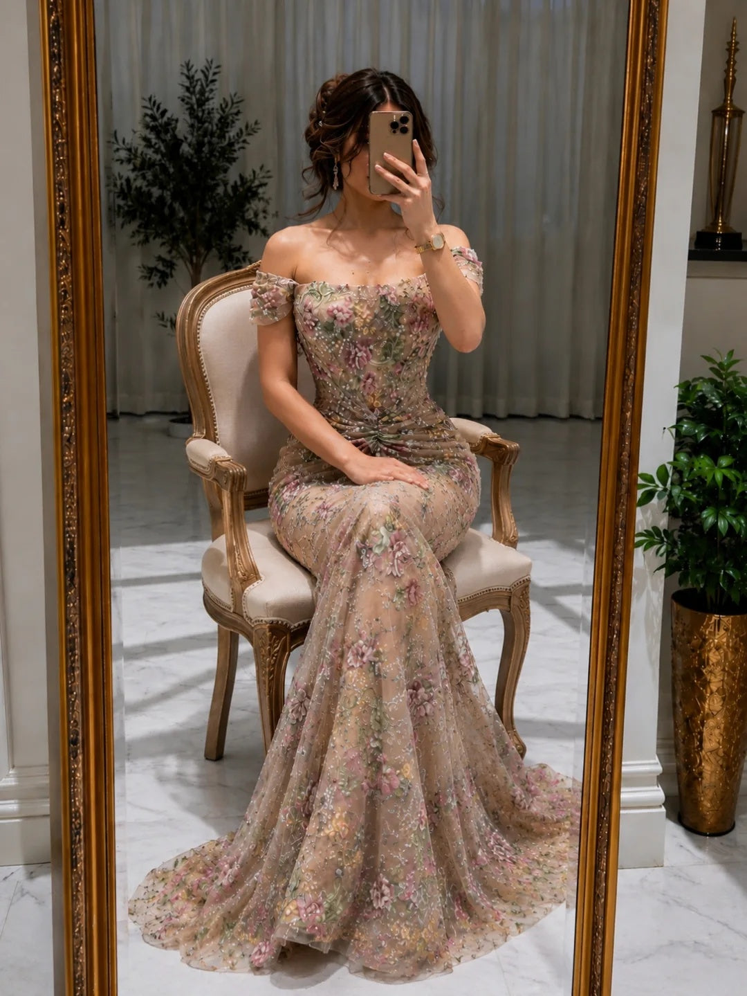 Off-the-Shoulder Floral Embroidered Mermaid Gown