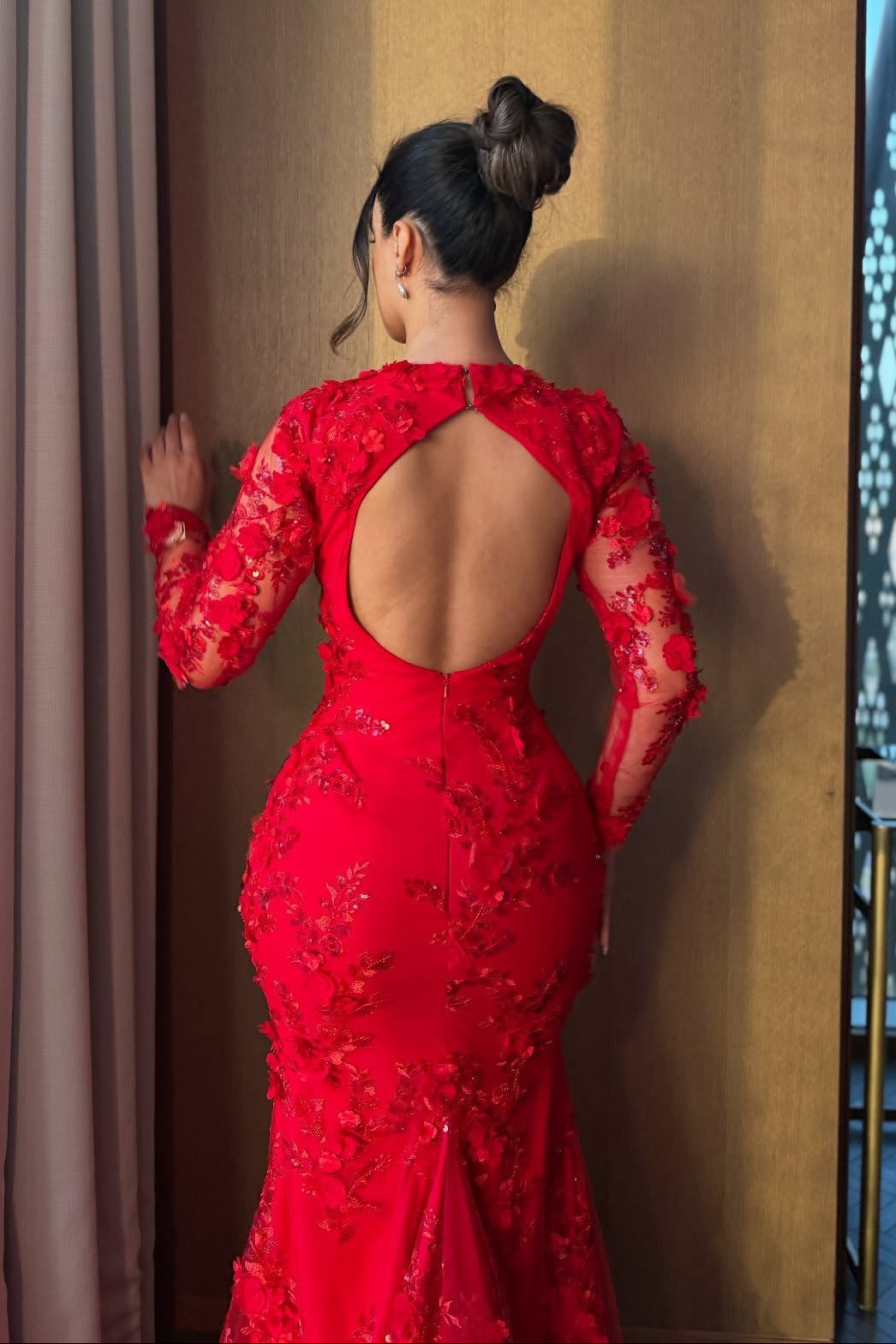 Floral Lace Applique Long Sleeve Mermaid Evening Gown