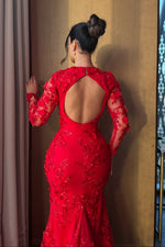Floral Lace Applique Long Sleeve Mermaid Evening Gown