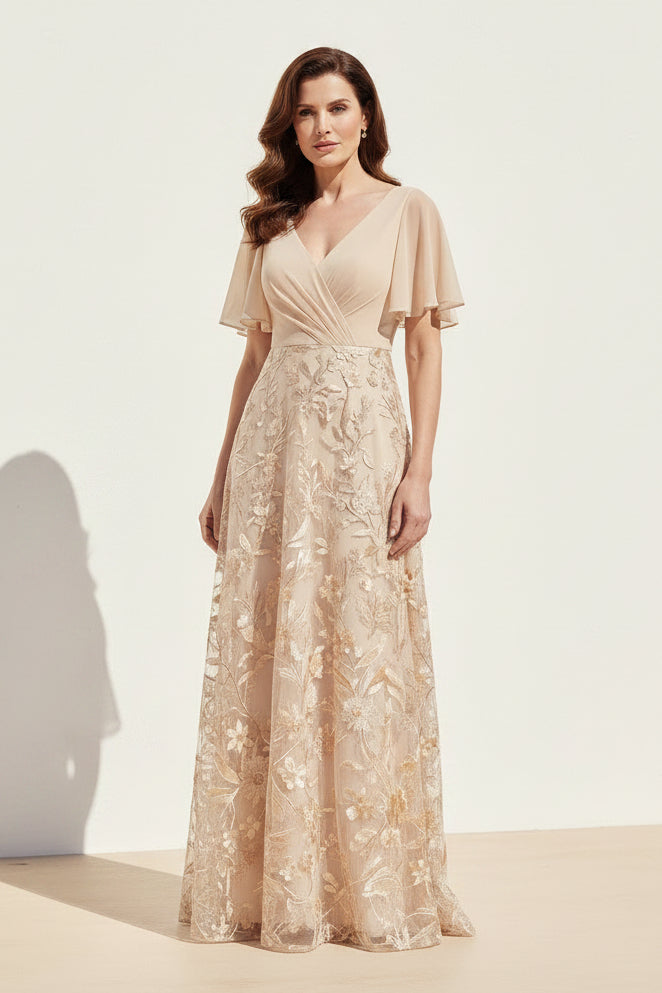 Flutter Sleeve Embroidered A-Line Evening Gown