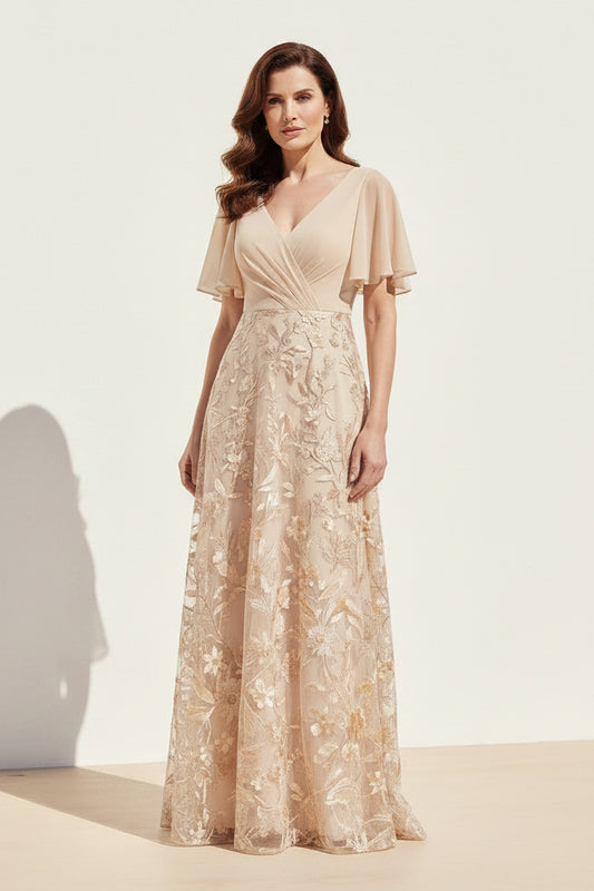 Flutter Sleeve Embroidered A-Line Evening Gown