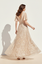 Flutter Sleeve Embroidered A-Line Evening Gown