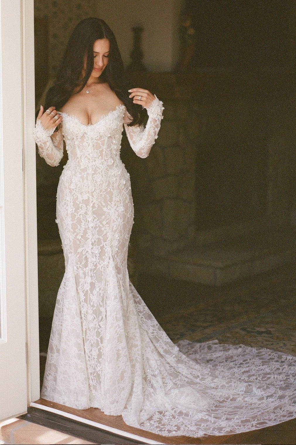 Off-the-Shoulder Long Sleeve Lace Mermaid Wedding Dress