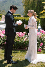 Long Sleeve Illusion Lace Wedding Dress with Train