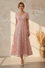 V-Neck Tea-Length Lace A-Line Dress