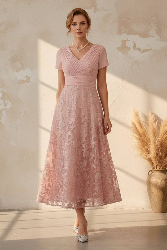 V-Neck Tea-Length Lace A-Line Dress