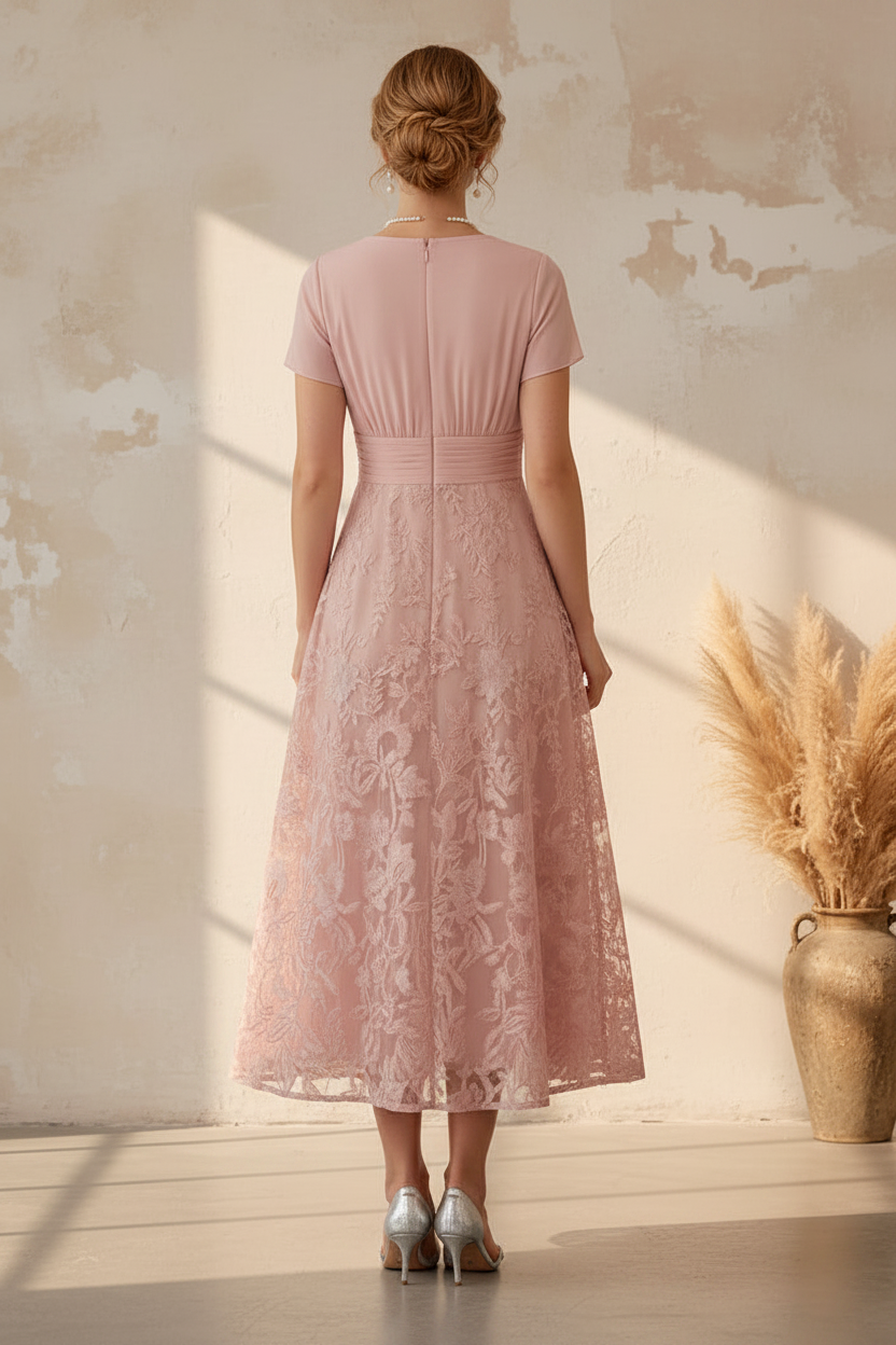 V-Neck Tea-Length Lace A-Line Dress
