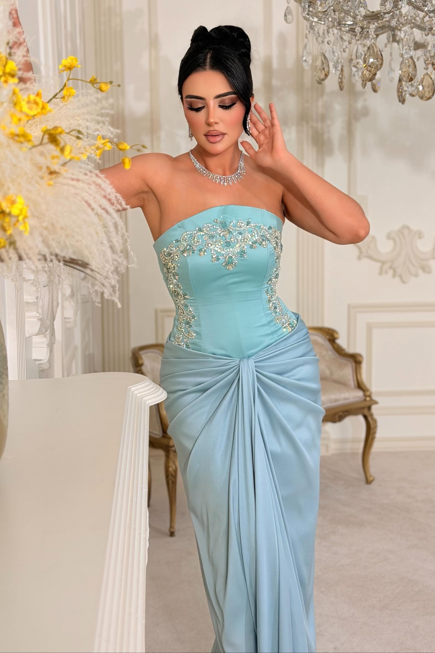 Strapless Beaded Corset Evening Dress with Draping