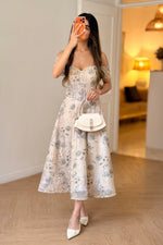 Embroidered Off-the-Shoulder Corset A-Line Midi Dress