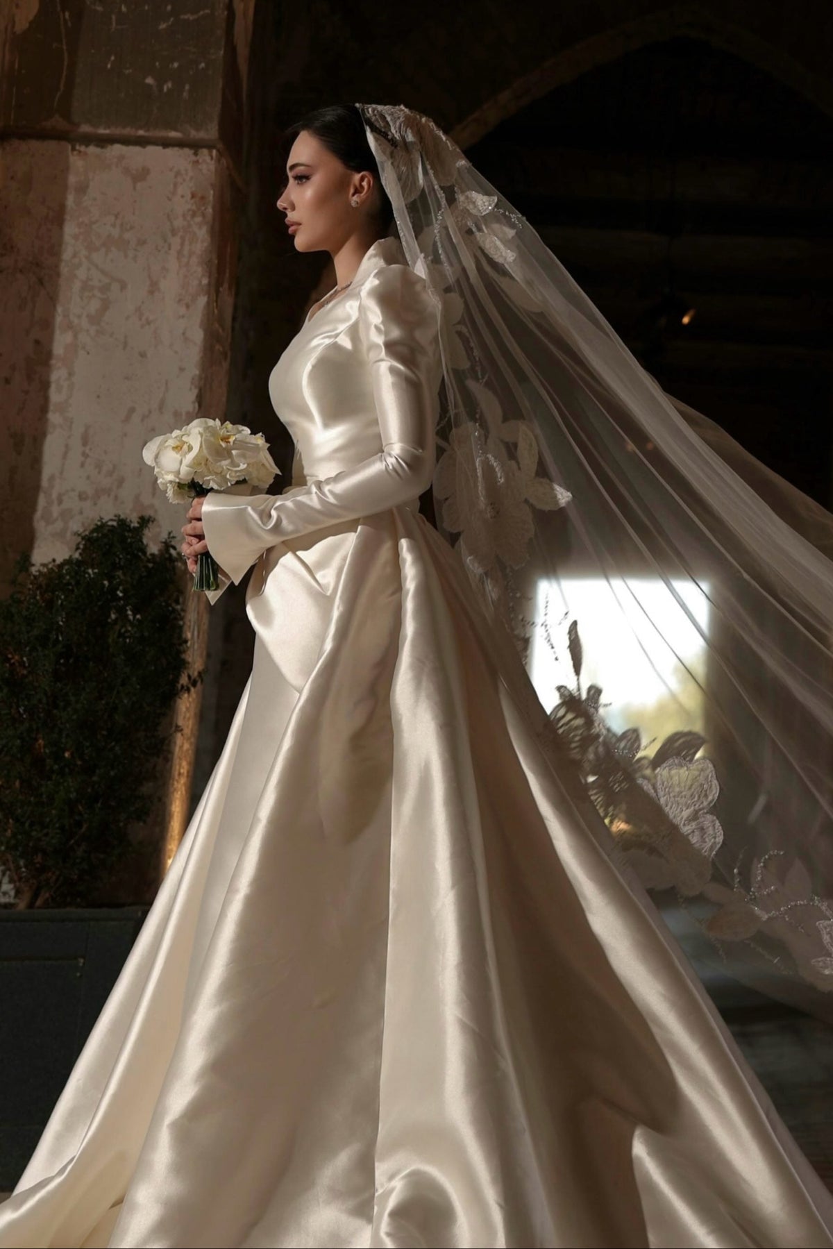 Long Sleeve Satin Wedding Dress with Stand Collar