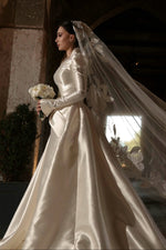 Long Sleeve Satin Wedding Dress with Stand Collar