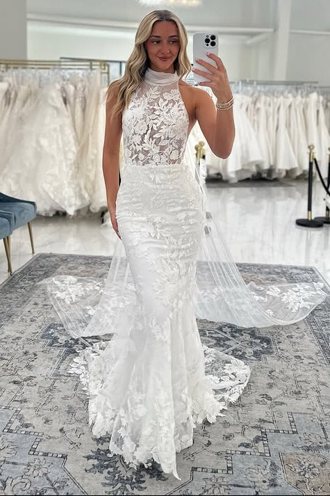 Halter Neck Lace Mermaid Wedding Dress with Cape Train