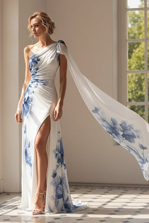 One-Shoulder Floral Maxi Dress with Cape Detail