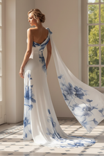 One-Shoulder Floral Maxi Dress with Cape Detail