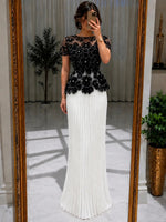 Pleated Mermaid Evening Gown with 3D Floral Lace