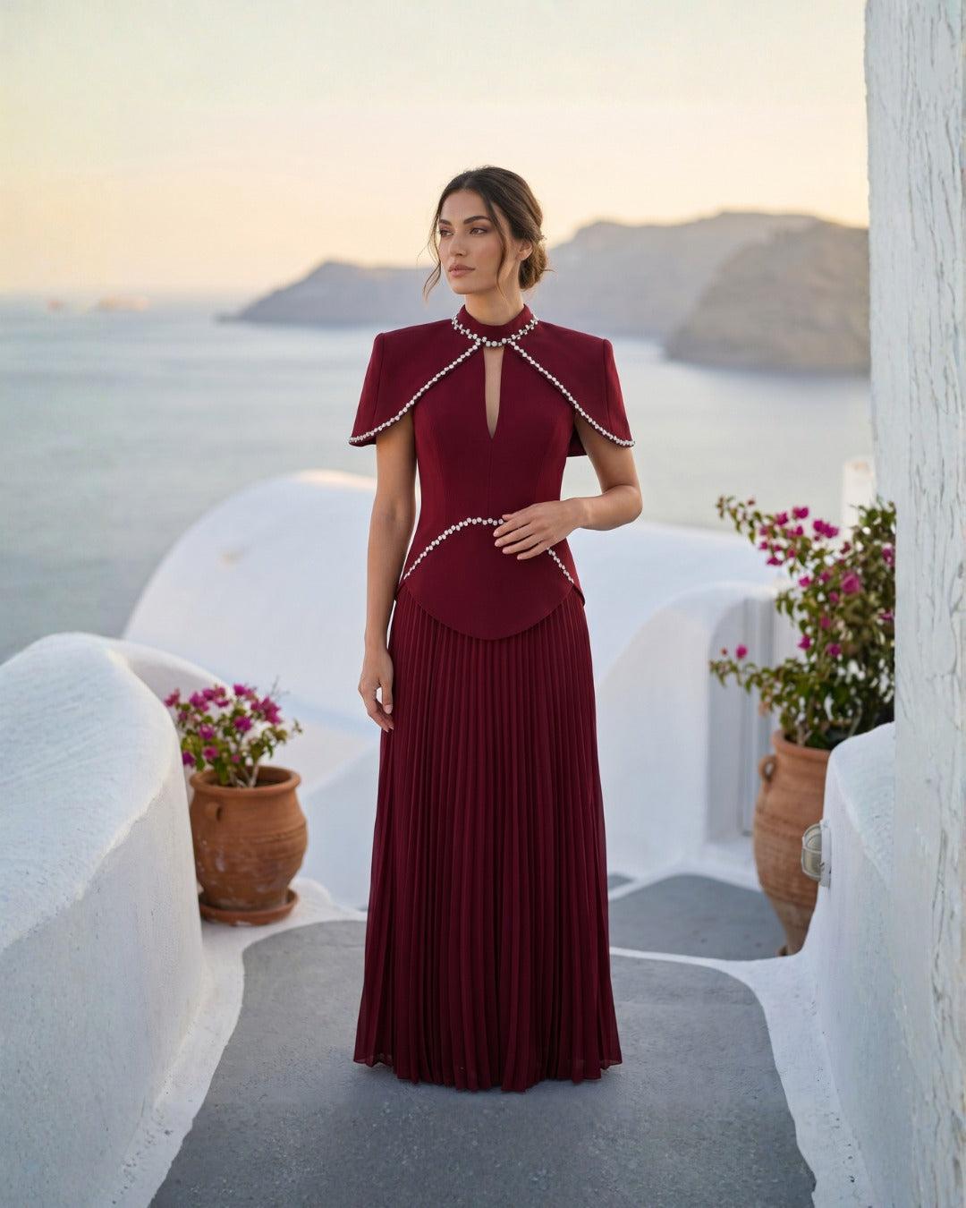 High Neck Keyhole Pleated Two-Piece Gown