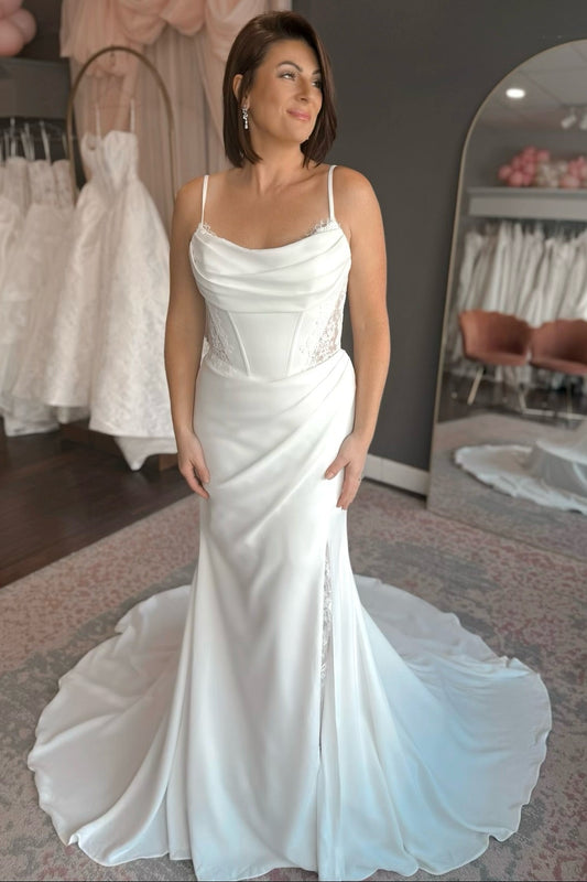 Cowl Neck Corset Fit and Flare Wedding Dress