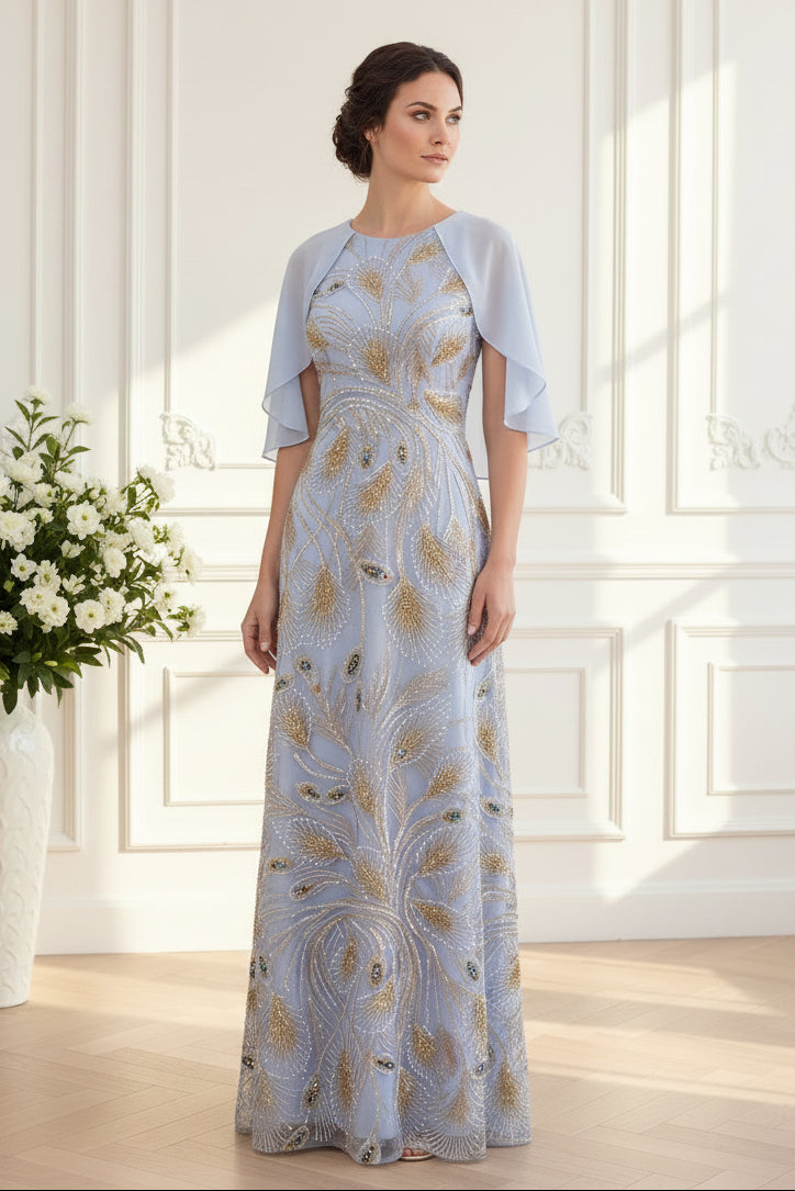 Beaded Column Gown with Chiffon Cape