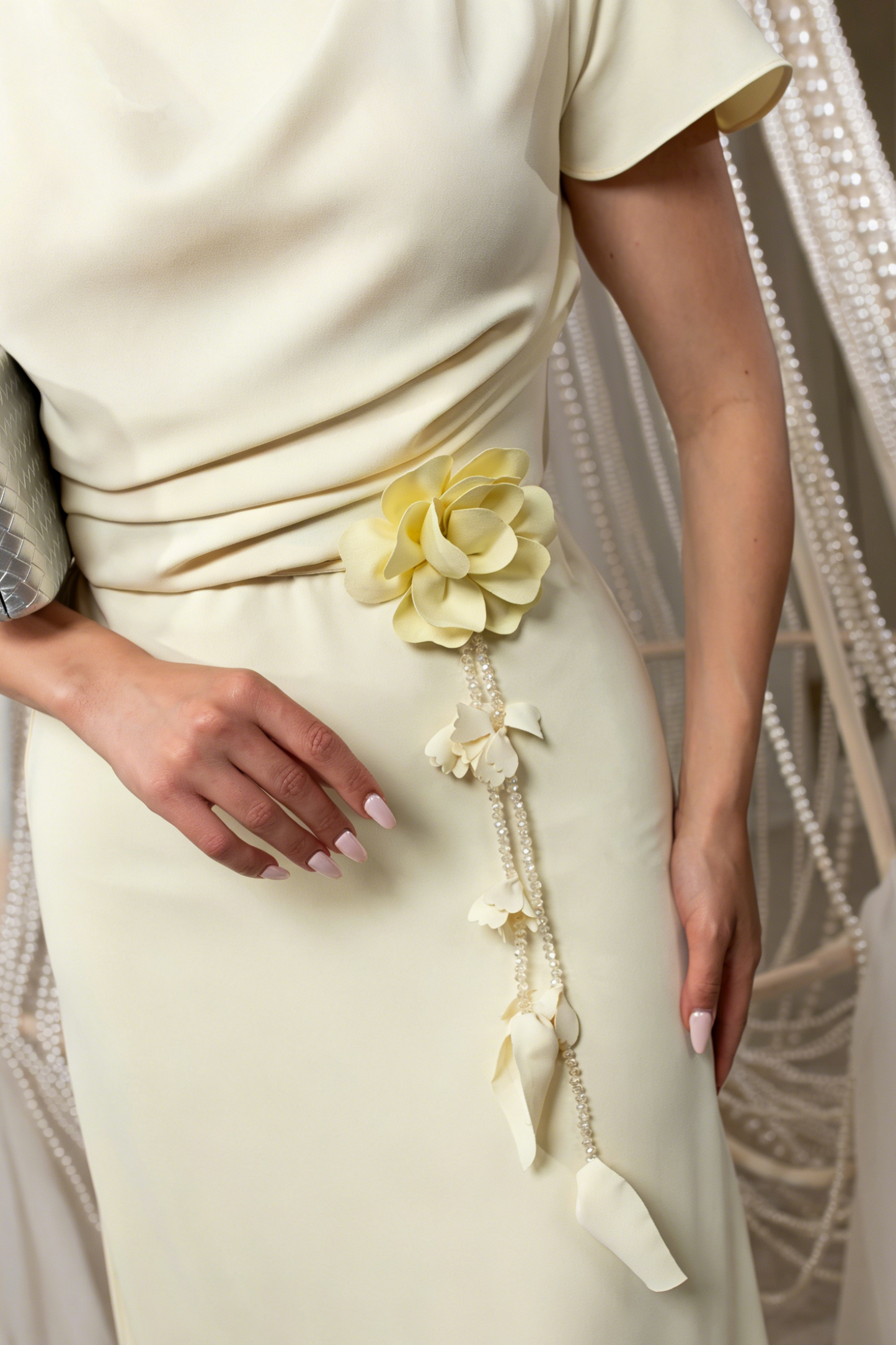 Asymmetrical Cowl Neck Dress with 3D Flower