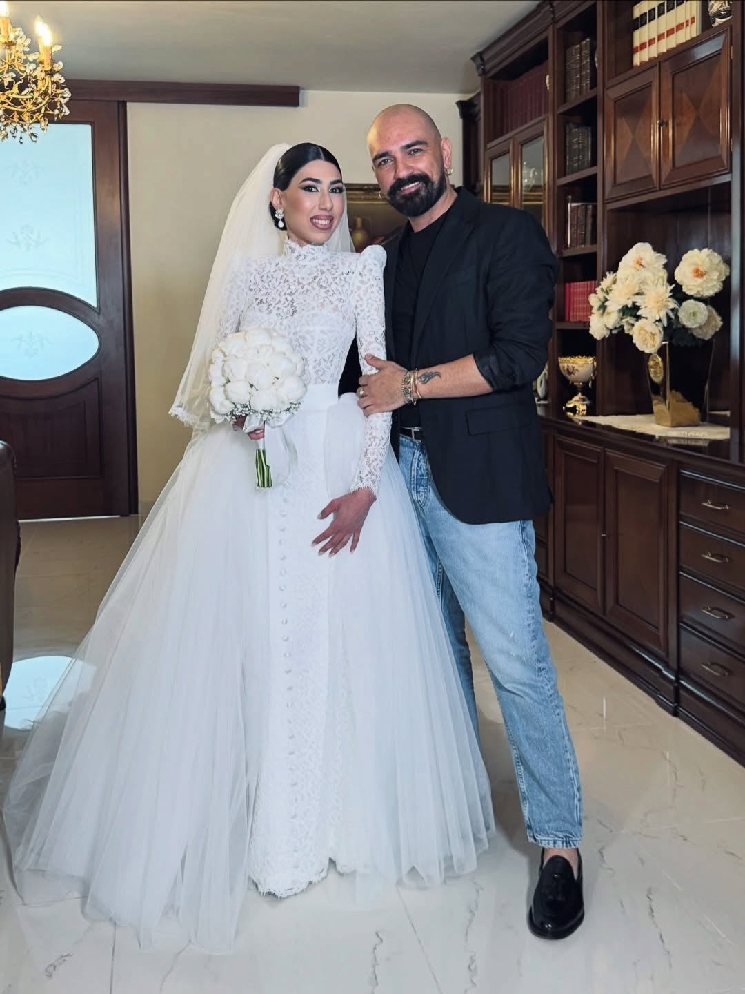 High Neck Lace Mermaid Wedding Dress with Detachable Train