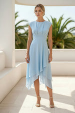 Cap Sleeve High-Low Midi Dress with Pleated Bodice