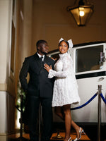High Neck Lace Mini Wedding Dress with Long Sleeves