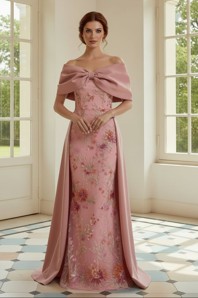 Embroidered Off-the-Shoulder Gown with Overskirt