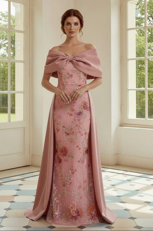 Embroidered Off-the-Shoulder Gown with Overskirt