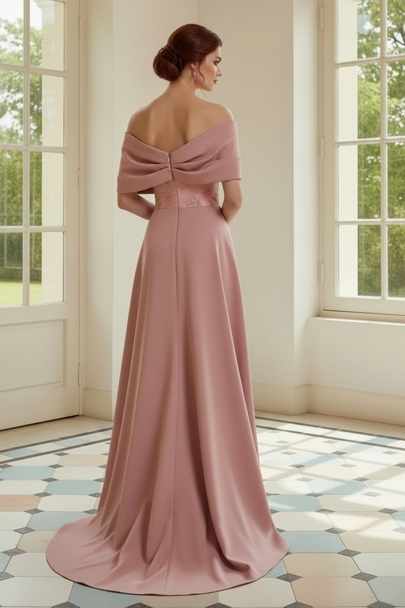 Embroidered Off-the-Shoulder Gown with Overskirt